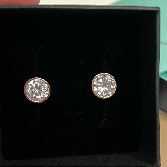 Diamond Stud Earrings, Sterling Silver with 14k Rose Gold, Bezel Stud Earrings - Picture 8 of 11